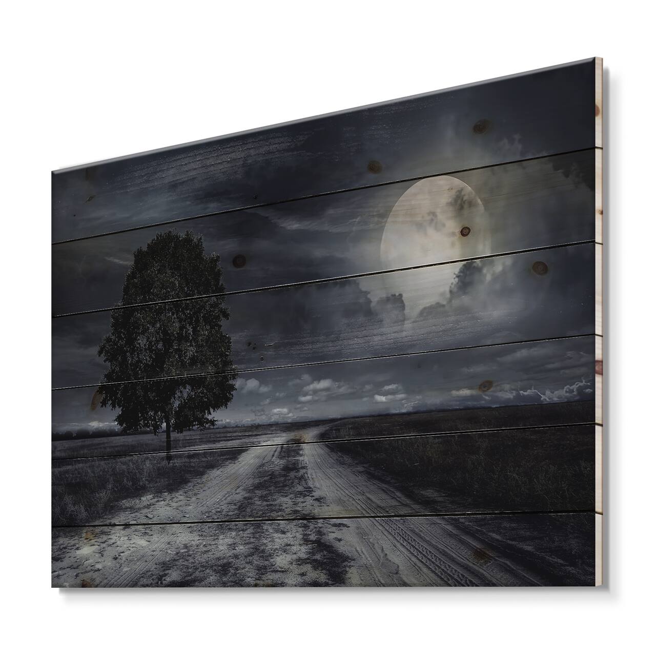 Designart - Paved Road Under A Full Moon - Nautical & Coastal Print on Natural Pine Wood